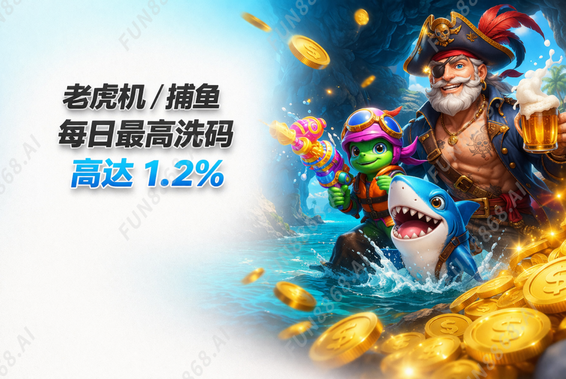 【老虎机／捕鱼】每日最高洗码 高达1.2%